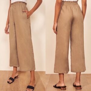 Reformation Calabria Tan Wide Leg Elastic High Waist 100% Linen Pants Size Large